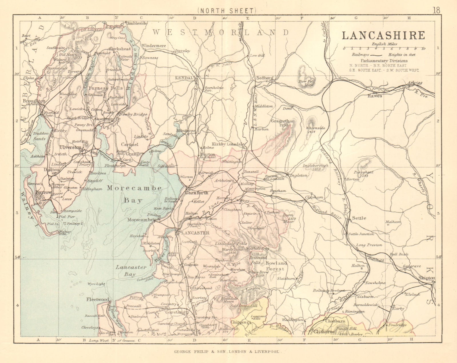 LANCASHIRE NORTH. Antique county map. Railways. PHILIP 1884 old
